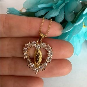 14k Gold Virgin heart Mary Diamond Pendant necklac
